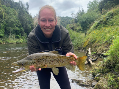 Severine Hannam with a lovely Lake Rotorangi Brown caught while softbaiting v2. Credit Nik Hannam
