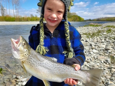WFR2223.07 Sefton Stevens with his school holidays trout from the Opihi River Photo H Stevens