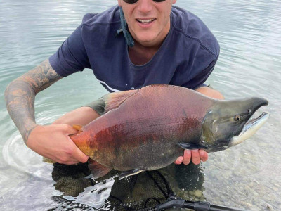 WFR2021.49 Callum Pawsey holds a massive sockeye salmon caught in February at Lake Ruataniwha