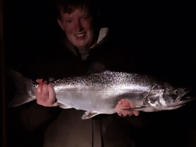 WFR1920.42 Lennox Batemans first fish a 9 pound salmon caught at the Benmore Spillway