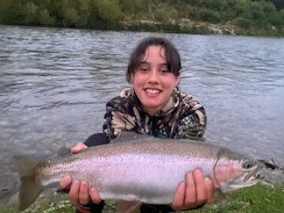 WFR2021.52 Irihapiti Meager displays her dads rare catch an Opihi River rainbow trout March 2021 credit Nathan Meager