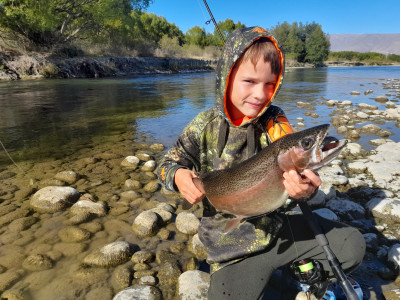 WFR2324.56 Sefton Stevens with his Tekapo River rainbow trout photo Hamish Stevens