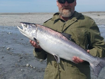 Simon Arthur 6.7kg salmon at Rakaia Mouth Saturday 27th Nov