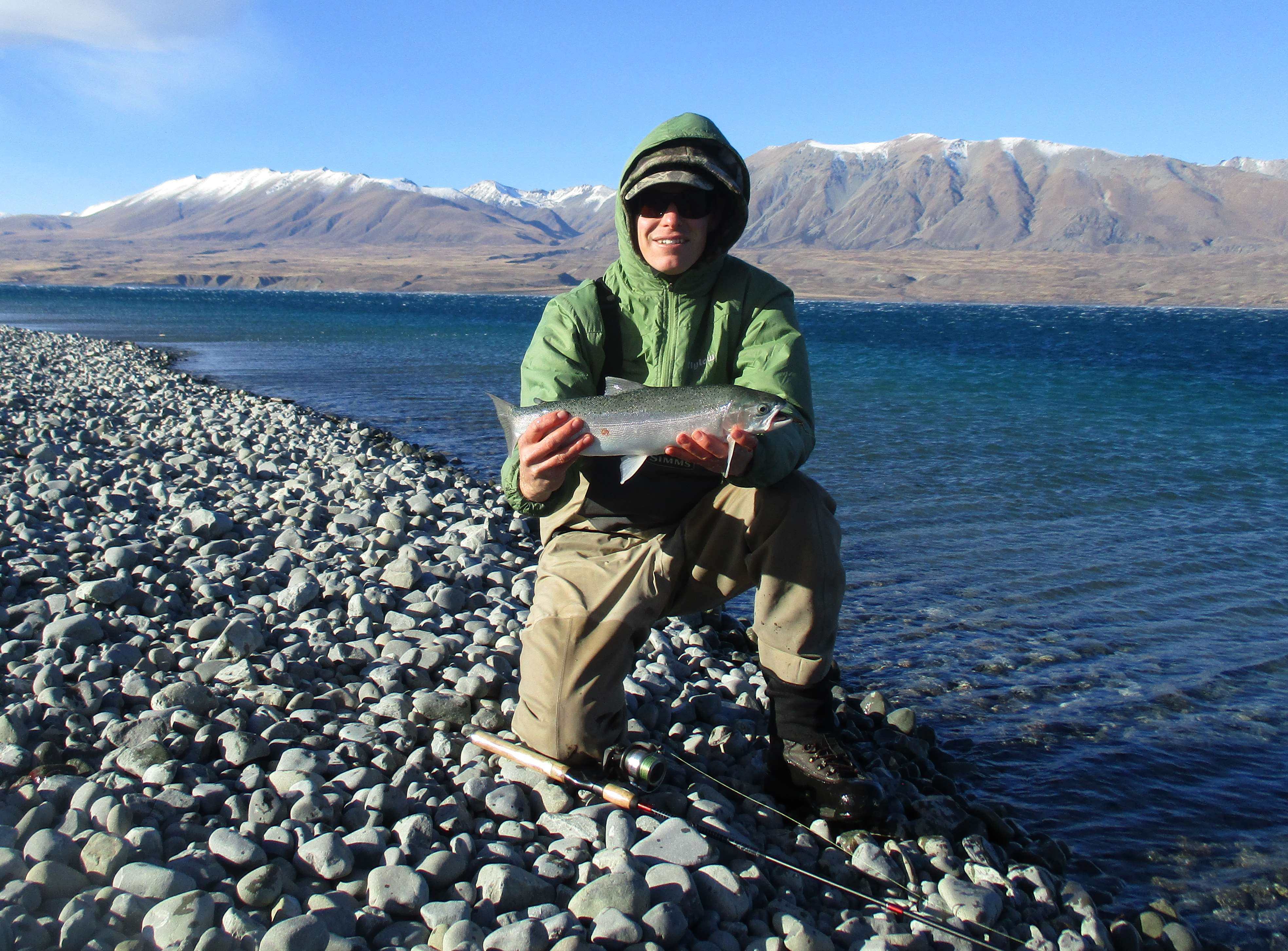 RLapril18csi1 Rhys Adams and his shoreline spin fishing catch from Lake Tekapo May 2017