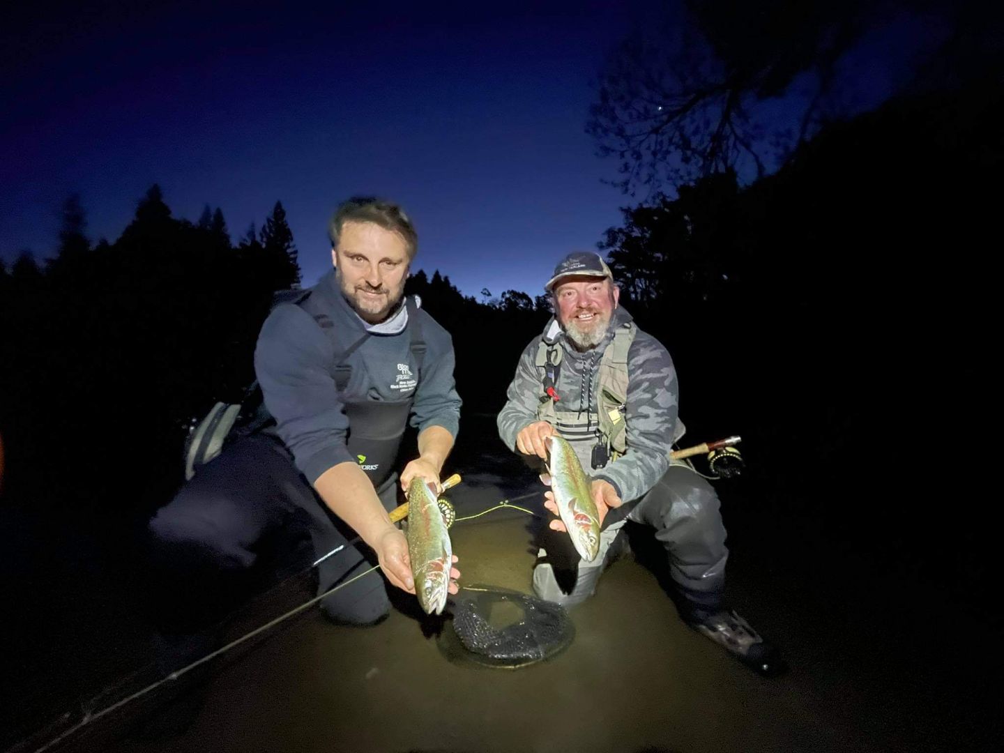 TRL4Nov21. Tony Hurring and Curly McEwen with a couple of hatchery rainbows from Lake Mangamahoe photo Tarn Mack McEwen.