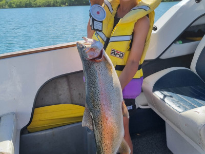 RLcsiNOV2 Jaxon White caught this huge rainbow trout at Lake Benmore in November with his Grandad Trevor Hendry 1