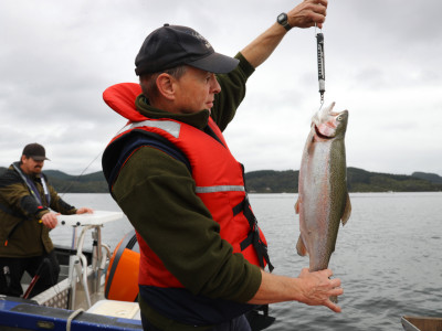 Fish Game officer Anthony vanDorp checks out a fish fromLake Rotoiti