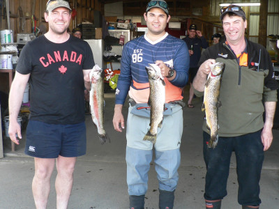 TRL1Oct2020. Inglewood Rod Gun Recreation Club members Scott Hale left Dylan Moratti and Billy Moratti with their trout from the first weekend of the new fishing season.