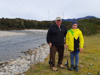 Boyd Ashby with grandson Niko Ensor fishing in the Grey Valley opening morning. Photo Baylee Kersten