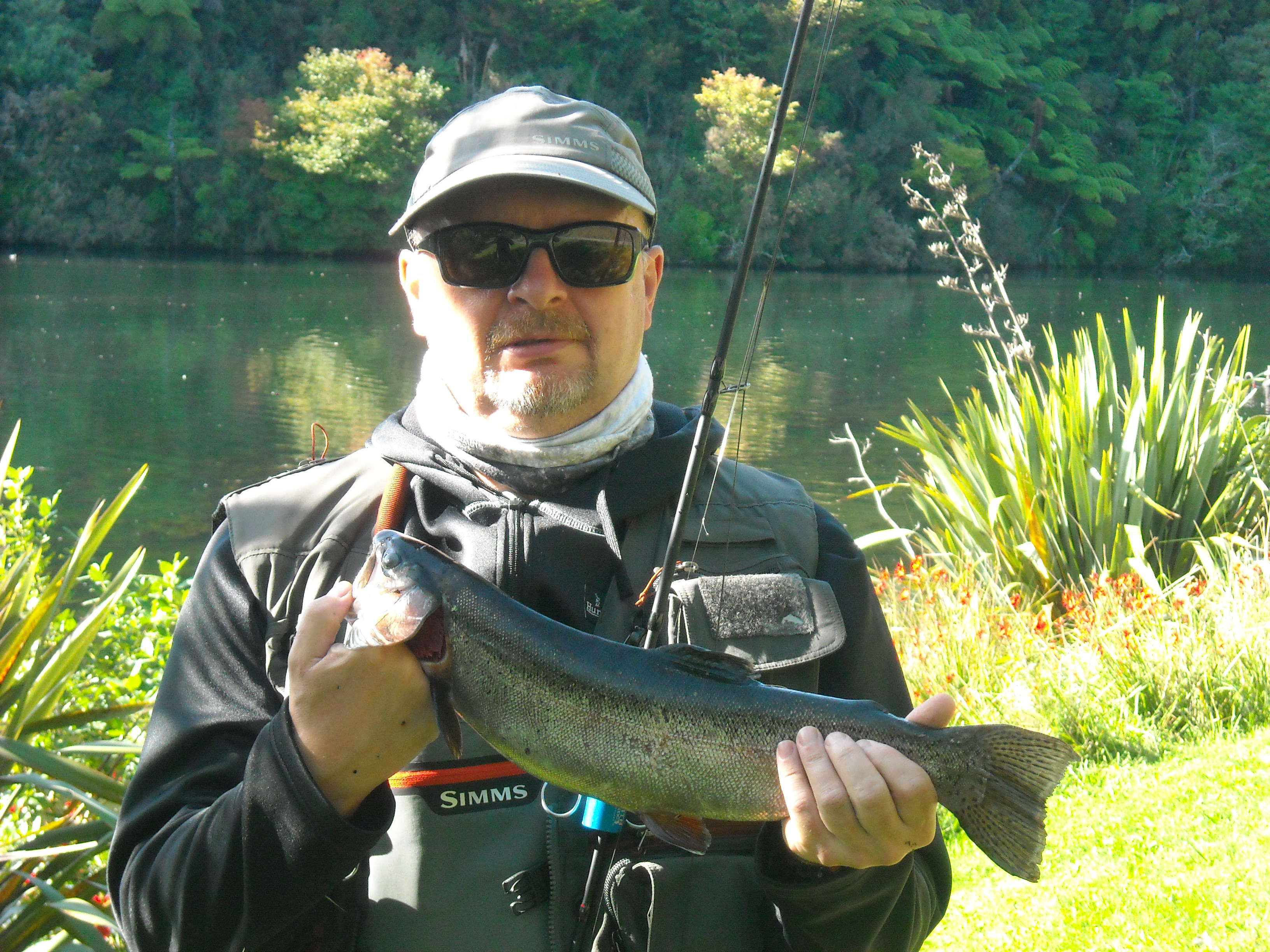 TRL2April18. Peter Humblestone with a late season 1.5kg hatchery rainbow from Lake Mangamahoe photo Alan Flynn.