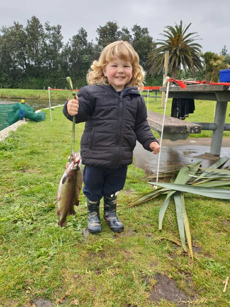 TRL3October19. Leo Ewans with his rainbow trout from the Lake Rotomanu kids fishing day photo Sharron Potroz.