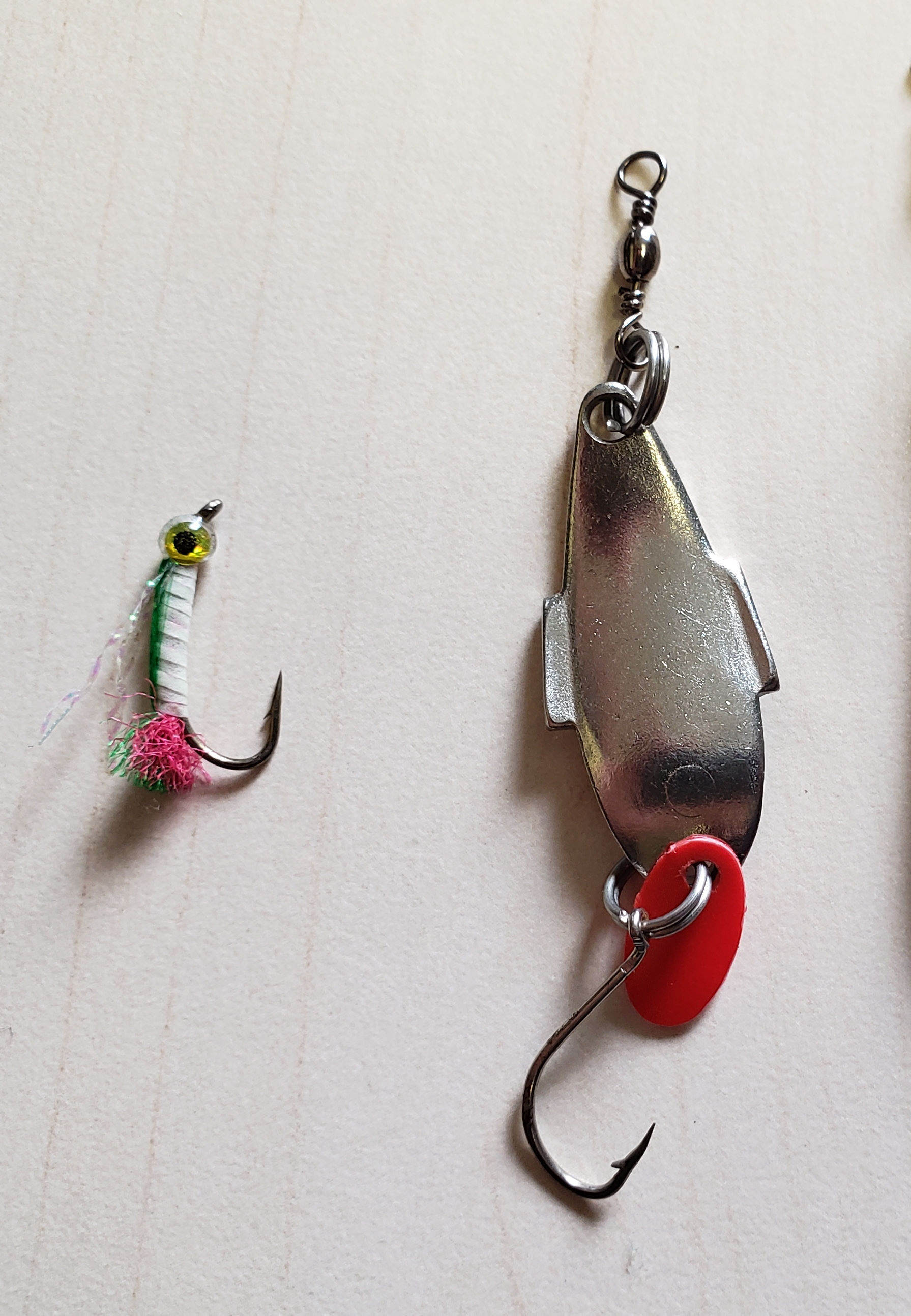 WFR1920.30. lures proven to catch Lake Benmore sockeye salmon luminescent doll fly and 7g dandy
