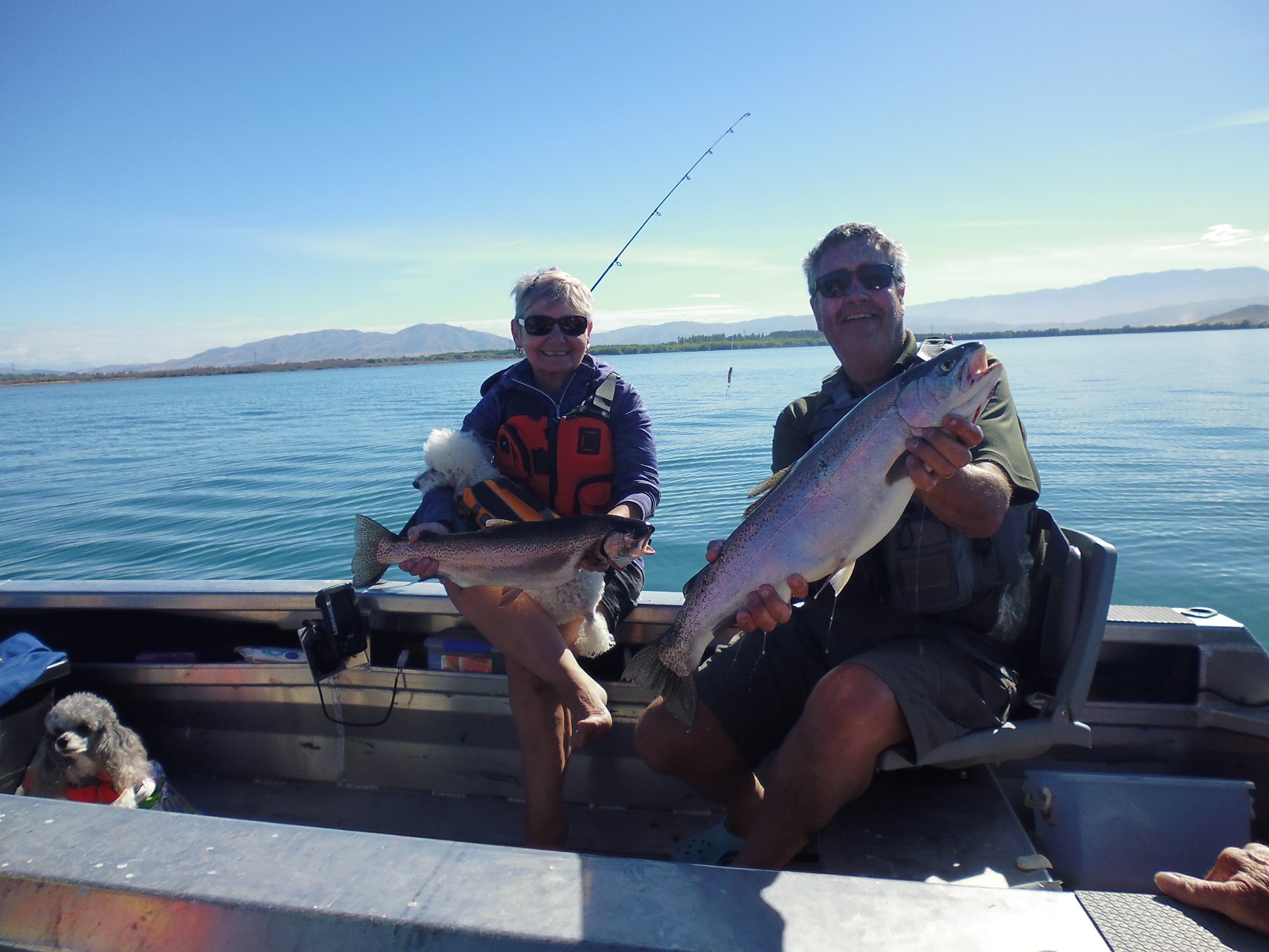 Karen and Murray Hawke of Christchurch with two big Lake Benmore rainbows