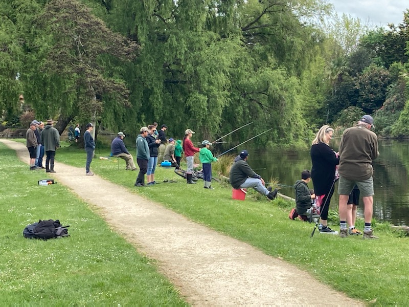 Families enjoying the idyllic angling conditions on Hokowhitu Lagoon over the weekend